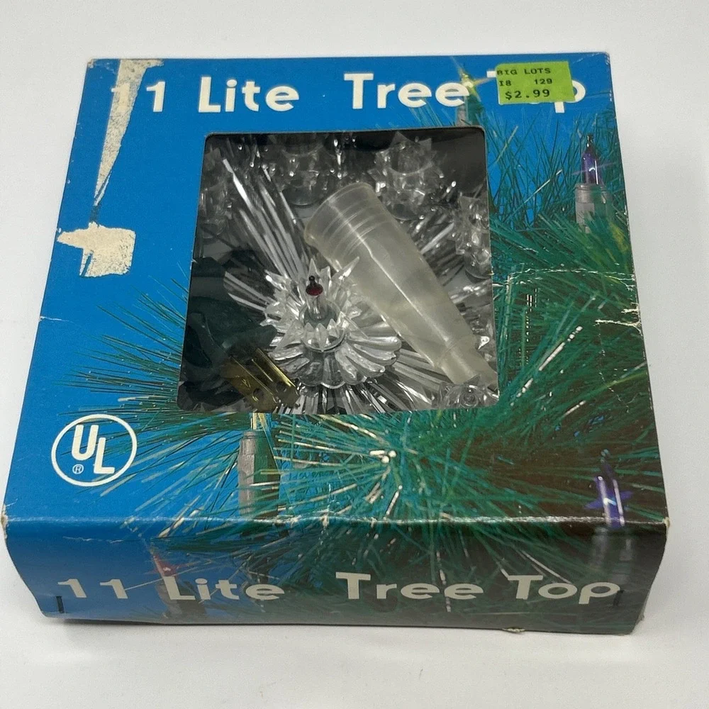 Vintage 11 Lite Tree Top Silver Tinsel In Box Christmas Holiday Lights For Decor